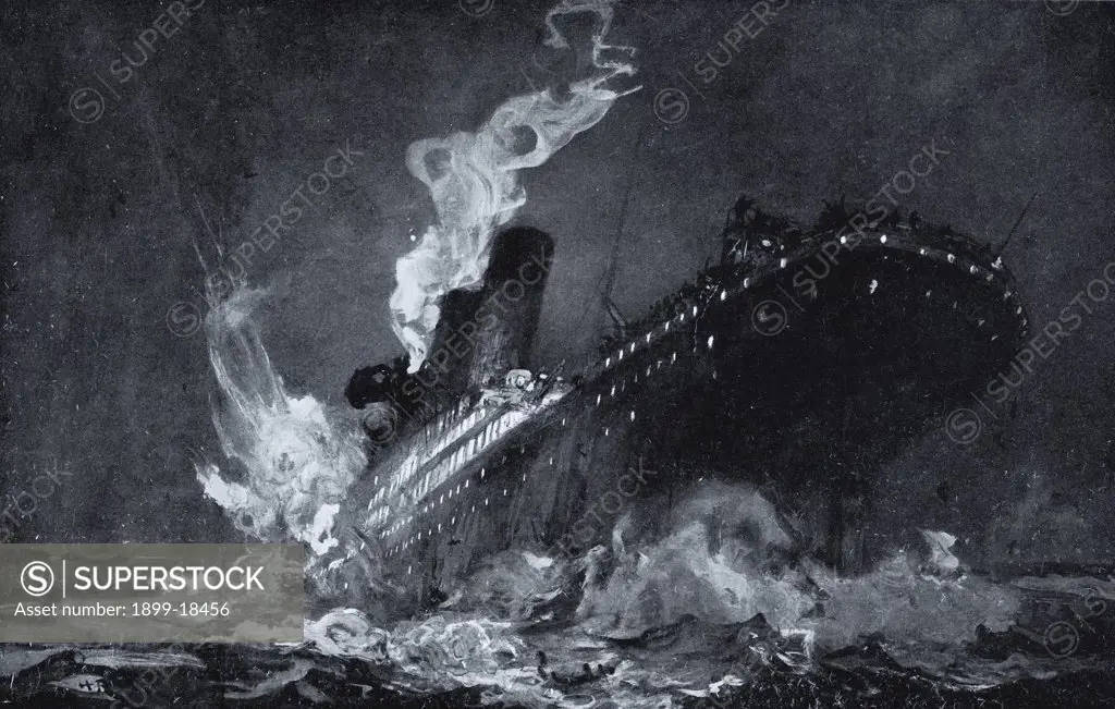 The 46,328 tons RMS Titanic of the White Star Line sinking around 2:20 AM Monday morning April 15 after hitting iceberg in North Atlantic from drawing by Henry Reuterdahl prepared from material supplied by survivors of the wreck