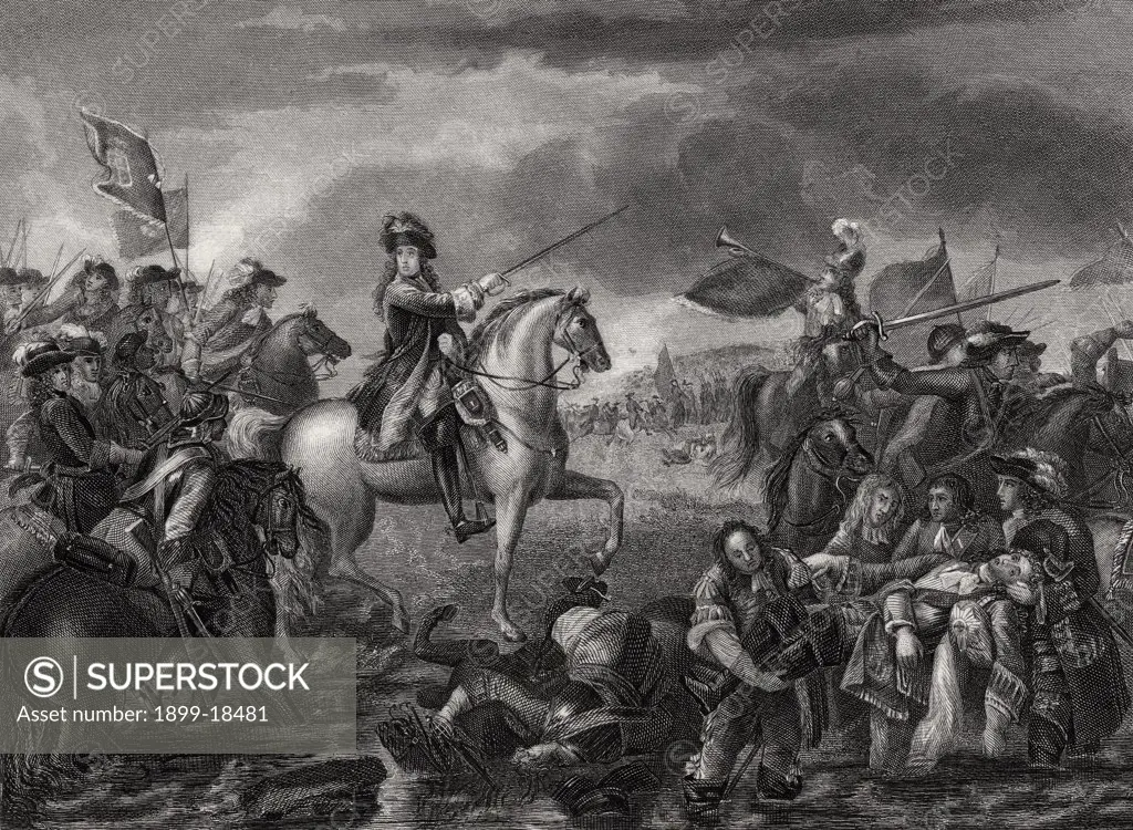 King William III 1650 - 1702 at the Battle of the Boyne Ireland in 1690. From a 19th century print