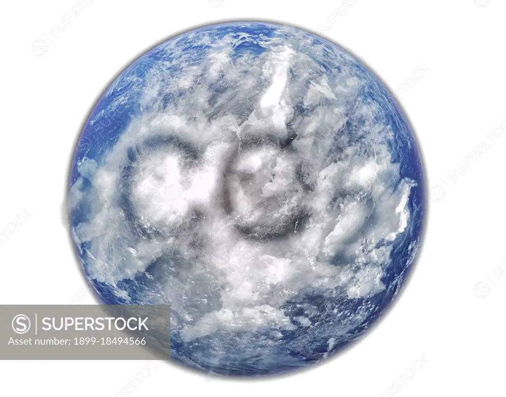 Planet Earth with a co2 pollution shaped cloud formation concept on white background