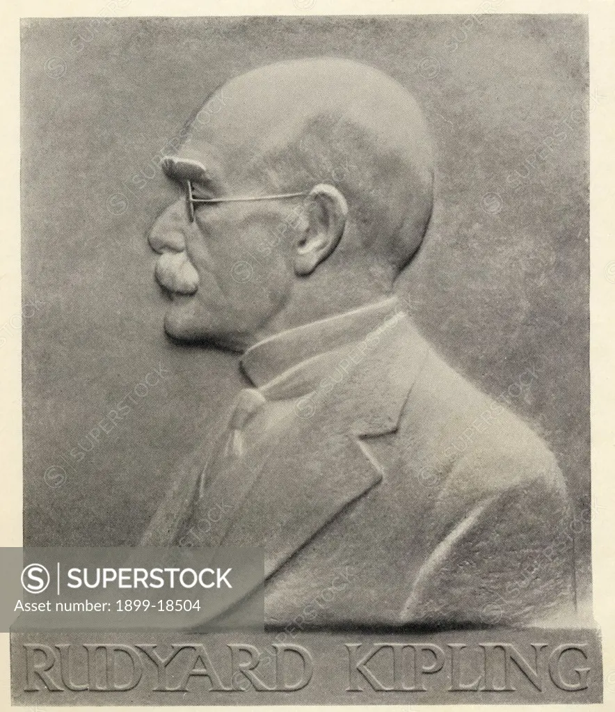 Joseph Rudyard Kipling 1865 to 1936. British author and poet born in India From a plaque by Patrick Synge-Hutchinson from the book Something of Myself by Rudyard Kipling published 1937
