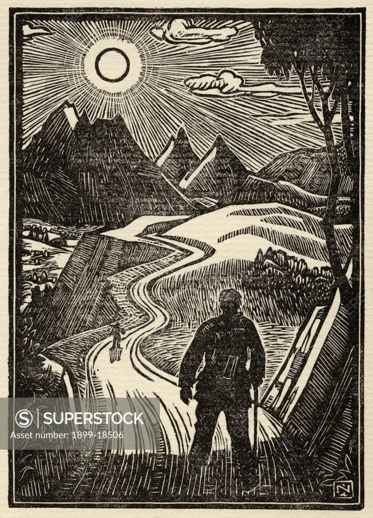 Woodcut frontspiece by Norman James from the book The Gentle Art of Tramping by Stephen Graham published 1927.