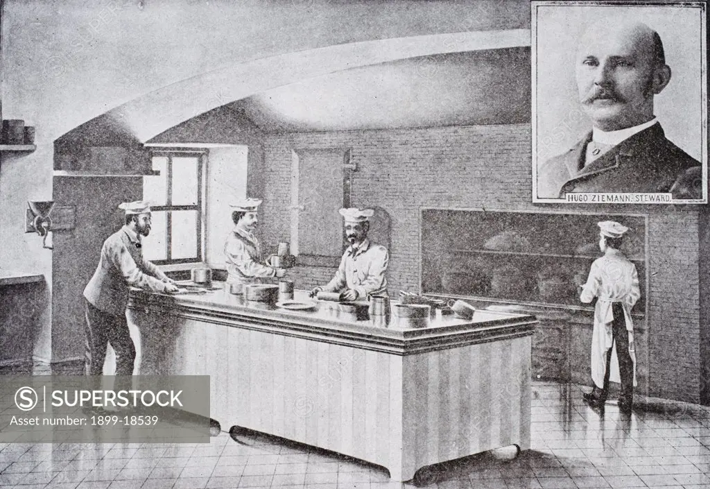 Washington DC United States of America Kitchen of The White House in 1890 s with inset portrait of Hugo Ziemann White House steward co-author The White House Cook Book