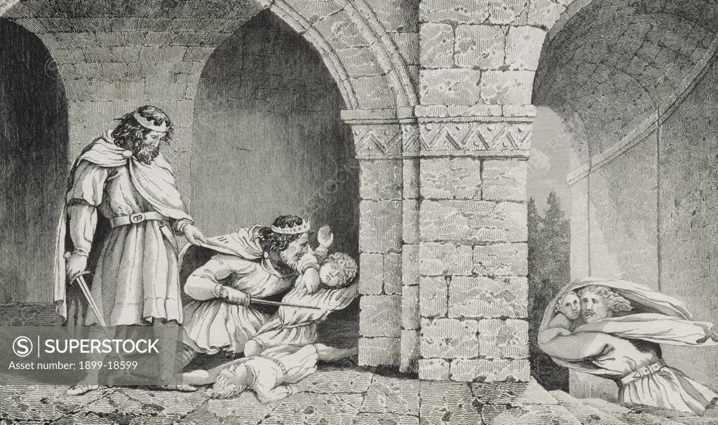Childebert I c.498 to 588 at the Murder of his Brothers' Heirs from Histoire de France by Colart published circa 1840