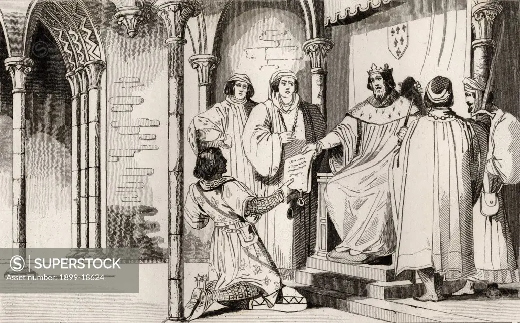 Charles IV The Fair 1294 to 1328 receives a plea at court from Histoire de France by Colart published circa 1840
