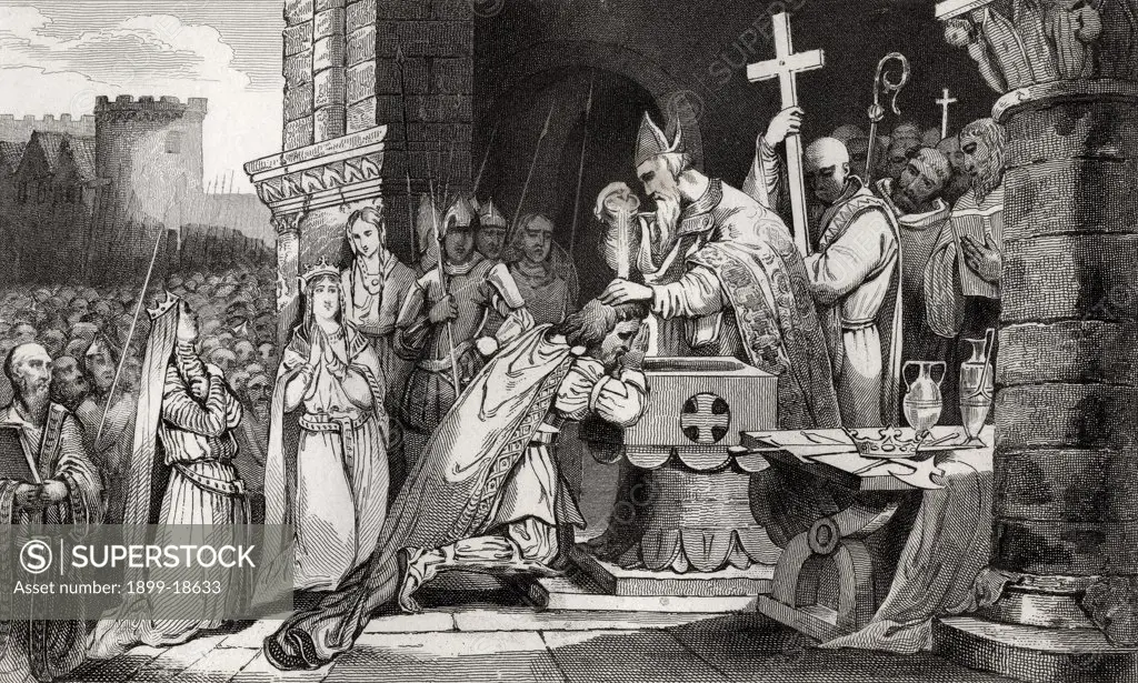 Clovis I 465 to 511 King of the Franks baptised with men from his army before the Battle of Tolbiac from Histoire de France by Colart published circa 1840