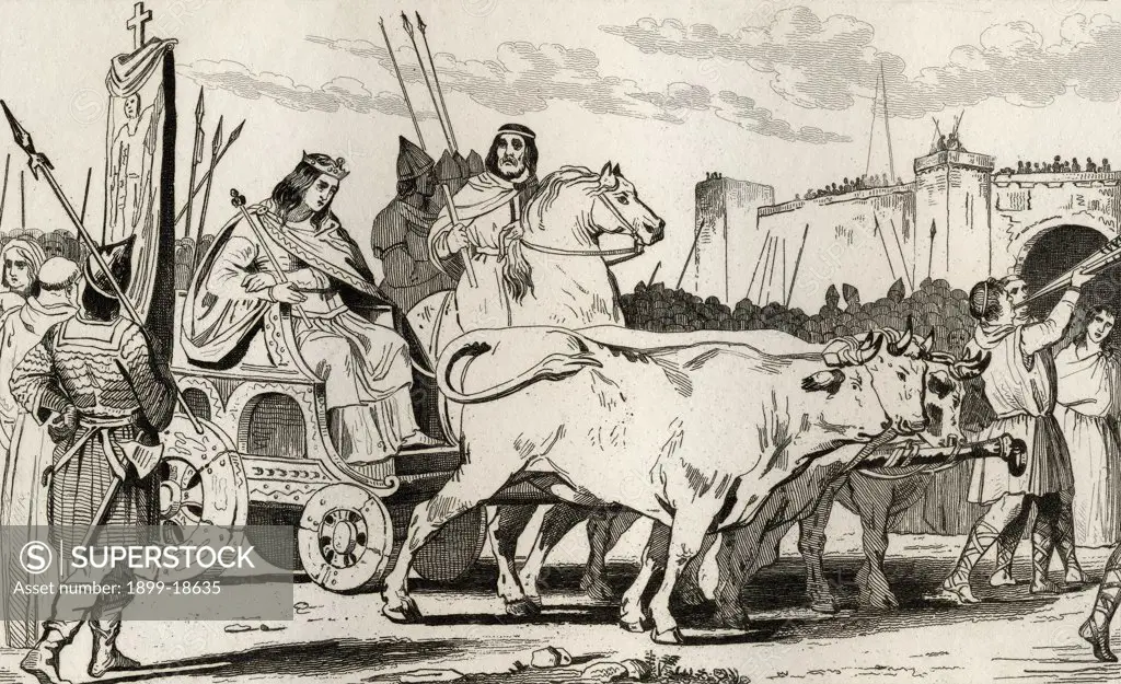 Clovis III 682 to 695 in a chariot pulled by oxen with Pepin II of Herstal c.714 riding alongside him from Histoire de France by Colart published circa 1840