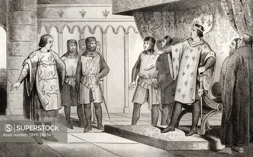 Louis VIII The Lion 1187 to 1226 receives an envoy from his enemy Henry III 1207 to 1272 of England from Histoire de France by Colart published circa 1840