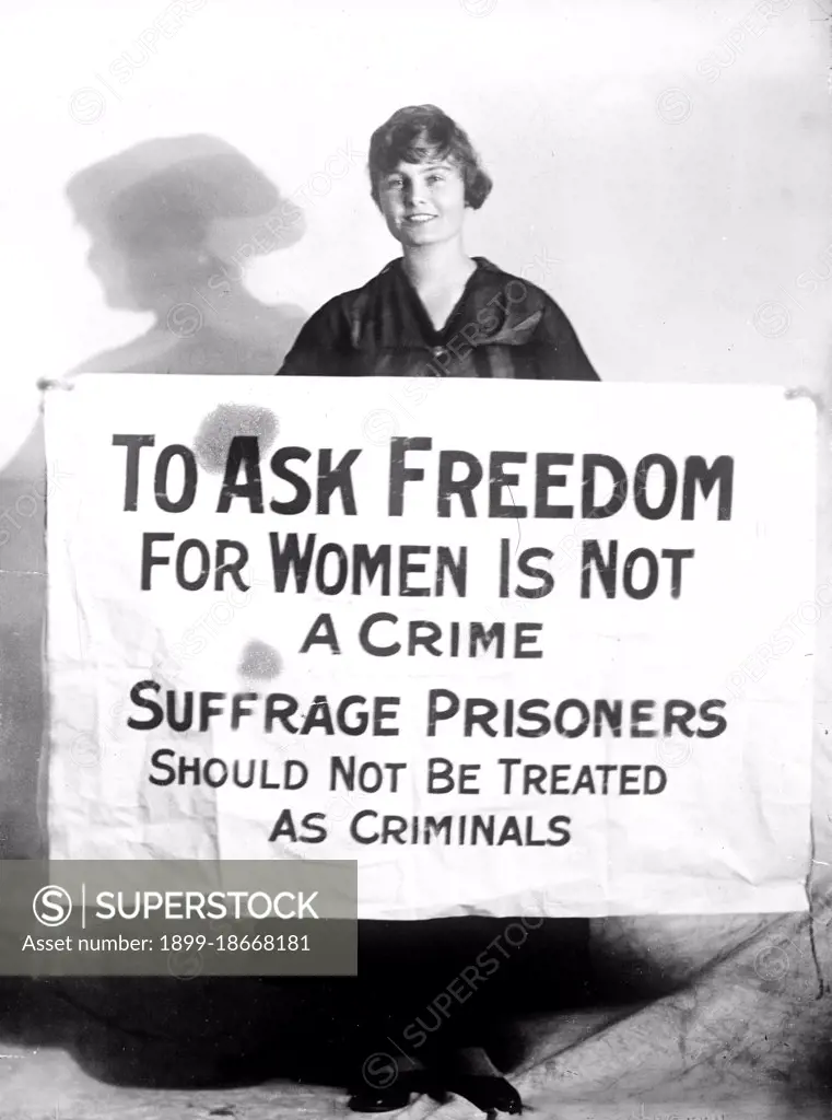 Woman Suffrage Movement - Woman suffragette Lucy Branham holding poster circa 1919.