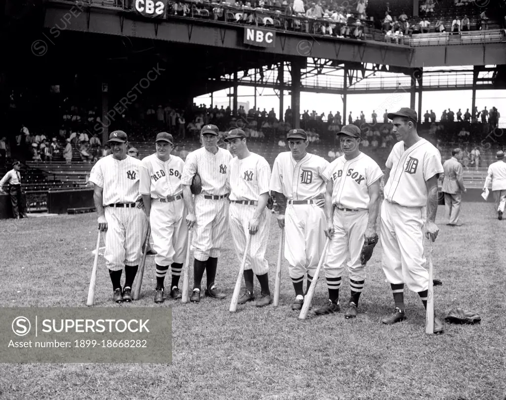 1937 Major League Baseball All-Star Game with featured hitters Left to right: Lou Gehrig, Joe Cronin, Bill Dickey, Joe DiMaggio, Charley Gehringer, Jimmie Foxx, and Hank Greenberg circa July 7 1937.