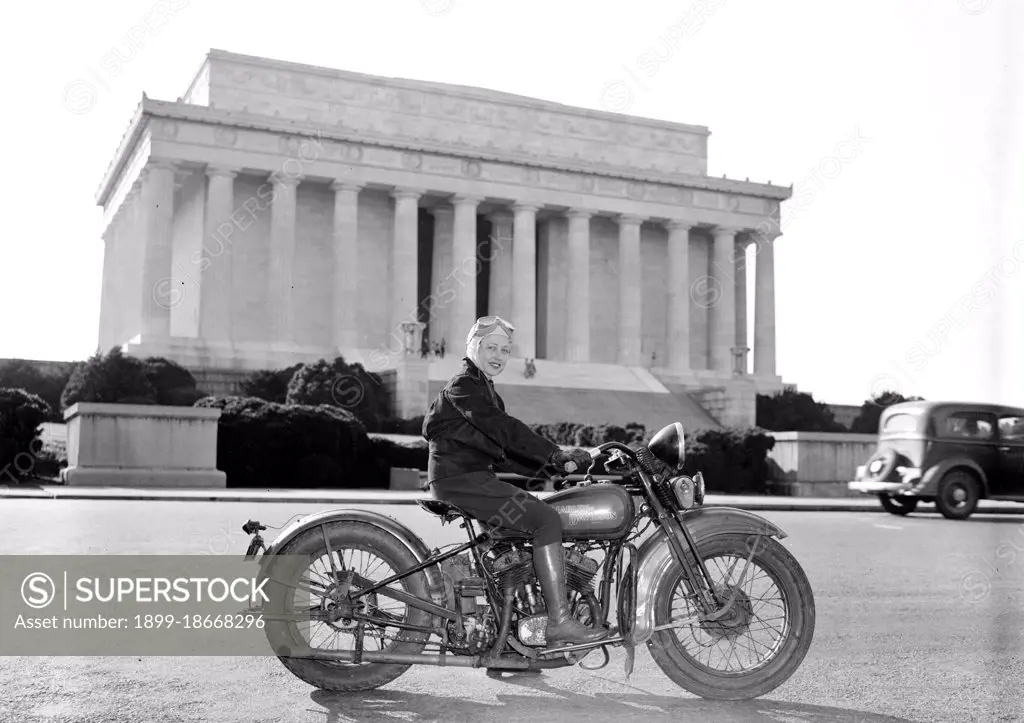 Mrs. Sally Halterman is the first woman to be granted a license to operate a motorcycle in the District of Columbia circa 1937.