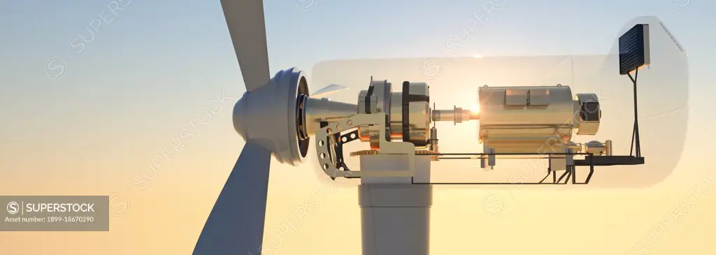 Cross section of large commercial wind turbine at sunset 3d render