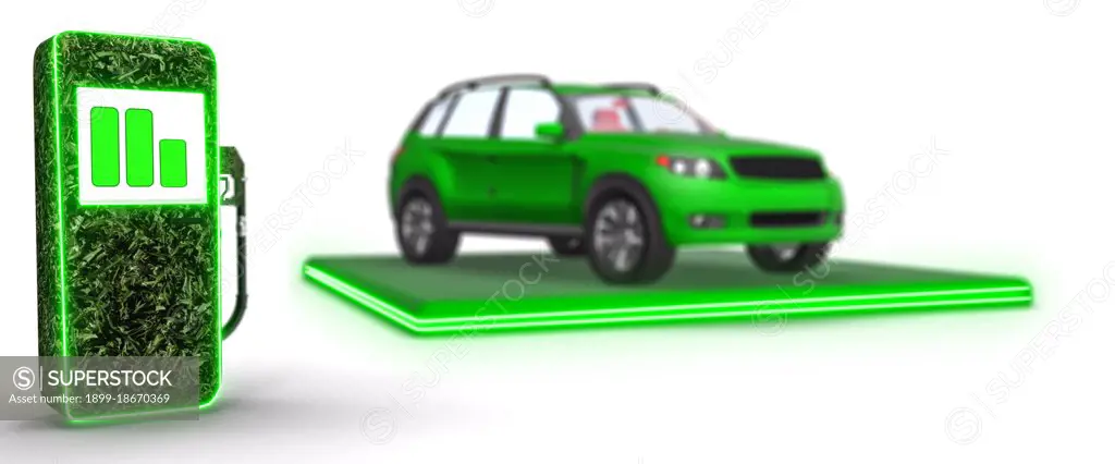 Modern electric green car charging at a charge station 3D Rendering