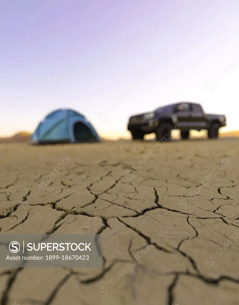 Desert camping on a cracked dry floor in a remote location 3d render