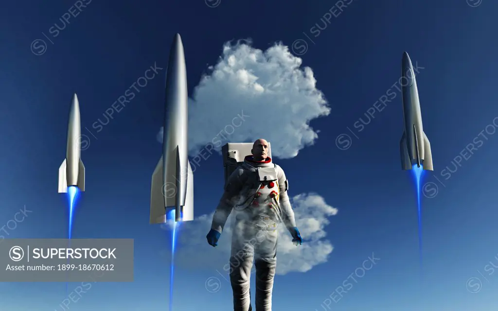 Male Human Astronaut and Rockets Blasting Off