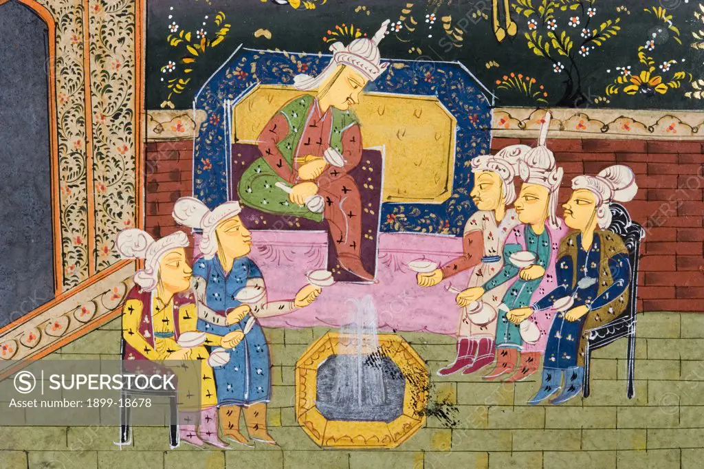 Detail from painting from 17th century Persian manuscript Hunters and favourites drinking with noble or king