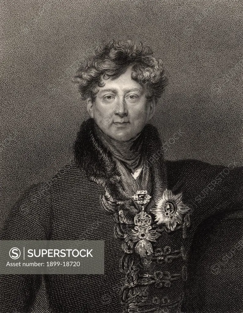 King George IV George Augustus Frederick 1762 to 1830 King of Great Britain and Ireland and King of Hanover 1820 to 1830 Engraved by E Scriven from the plate by W Finden after Sir T Lawrence From the book National Portrait Gallery volume II published c 1835