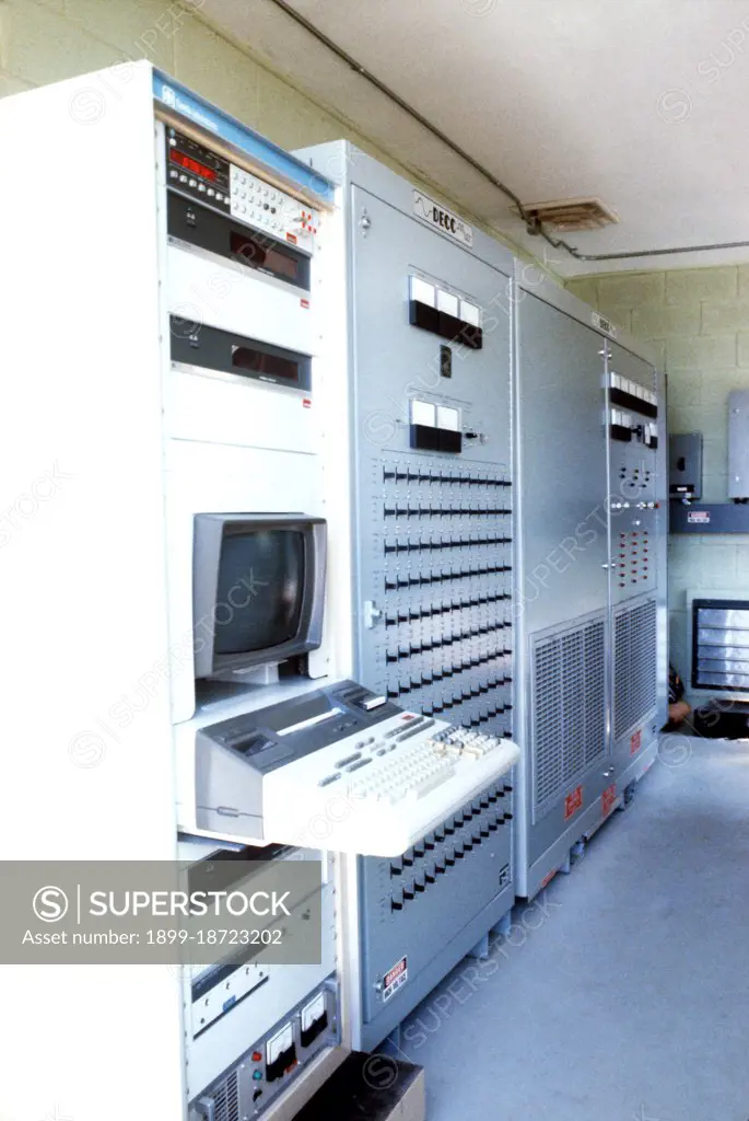 A computer is among the equipment used to transfer power from the solar cells to the power grid at the station- Mount Laguna Air Force Station circa 1979.