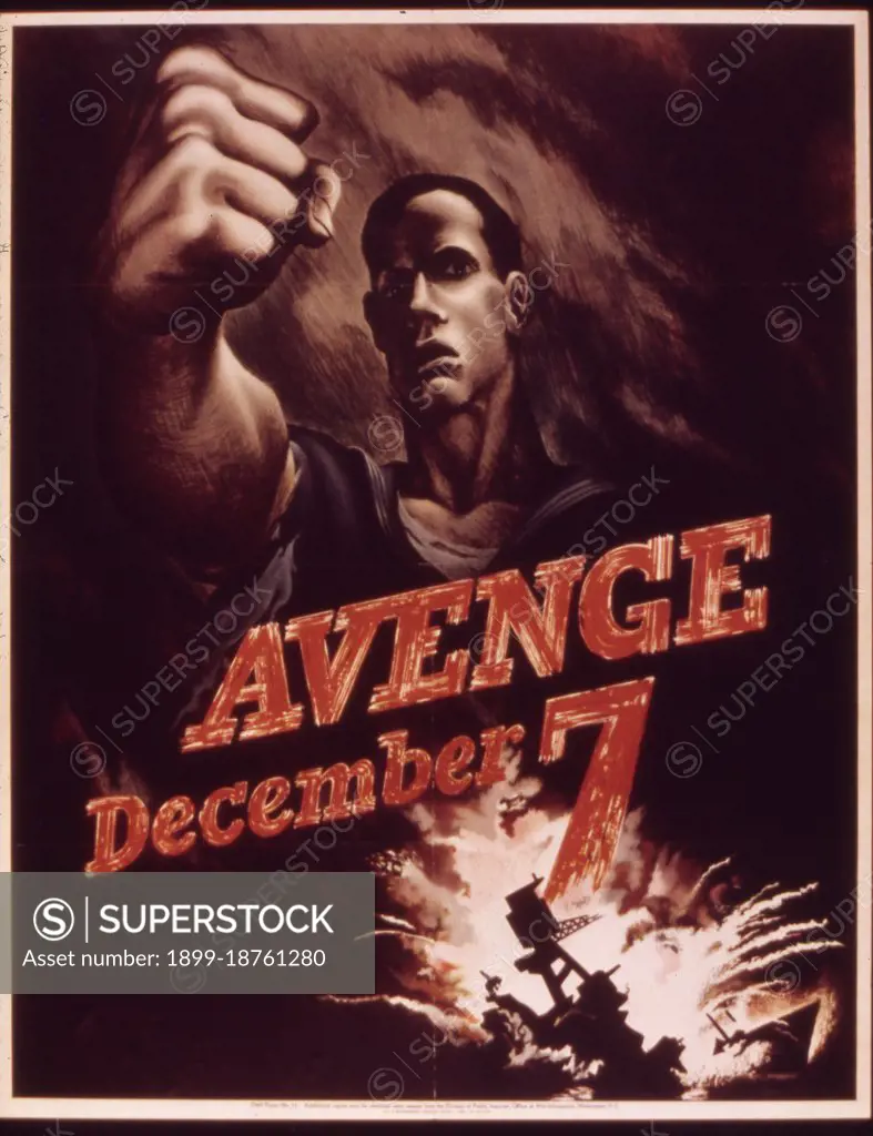 'Avenge December 7th' poster by Bernard Perlin was designed to channel the shock and anger of the Japanese Pearl Harbor attack to motivate Americans to support the war effort, Washington, DC, Office of War Information, 1942.