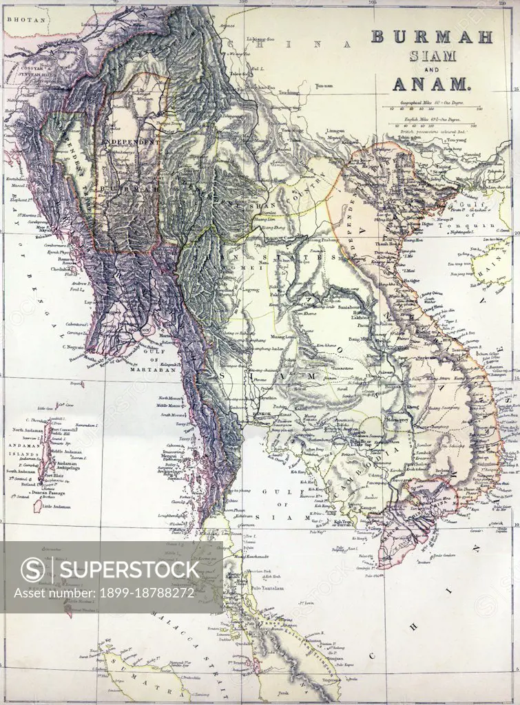 A Political map of mainland Southeast Asia including Burma, Thailand, Laos, Cambodia and Vietnam, as well as peninsular Malaysia, the Andaman and Nicobar Islands, and part of Sumatra. Published, apparently, just before the 3rd Anglo-Burmese War (1885-86) which would extinguish Burmese independence, it shows 'Independent Burma' in an approximate rectangle around Mandalay. To the east lies the 'Independent Shan Country' encompassing the Burmese Shan States and northern Laos. East of this again is Tonkin, or northern Vietnam, where the 'Independent Tribes' represent the semi-independent Tai domain of Sipsongchuthai, absorbed by the French in 1888 and now a part of Vietnam. South of this again, the 'Shan States' encompass the former Lan Na Kingdom centred on Chiang Mai to the west, and the Lao kingdoms of Luang Prabang, Vientiane and Champassak to the east. Chiang Mai is no longer shown as extending west of the Salween River, as is the case in some earlier European maps. Interestingly (and