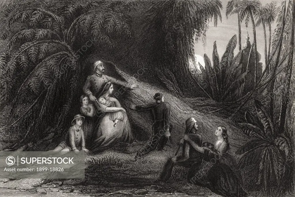 Fugitive officers with their families concealing themselves in the jungle From The History of the Indian Mutiny published 1858