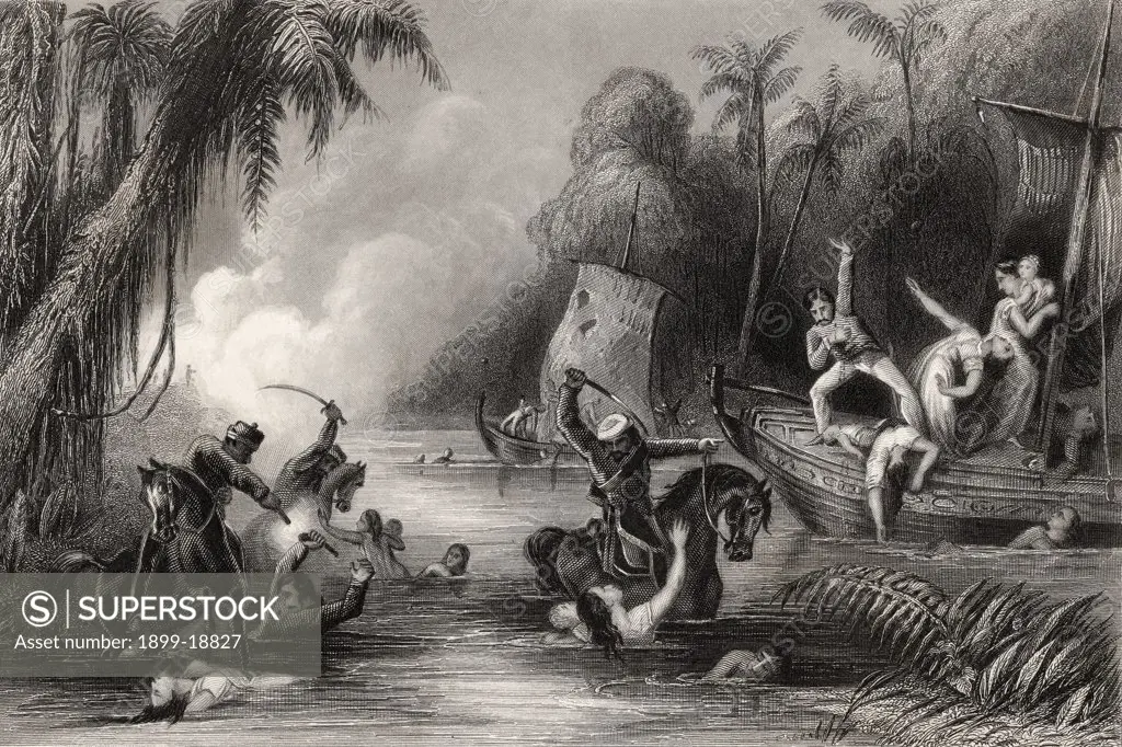 Massacre in the boats off Cawnpore 1857 From The History of the Indian Mutiny published 1858