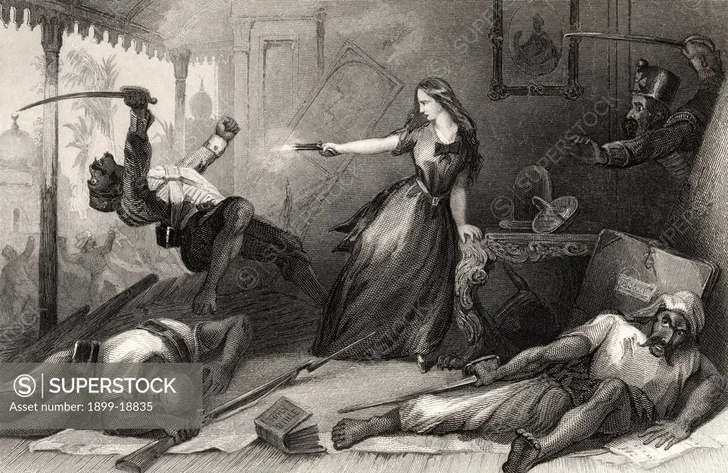 Miss Wheeler defending herself against the Sepoys at Cawnpore 1857 From The History of the Indian Mutiny published 1858