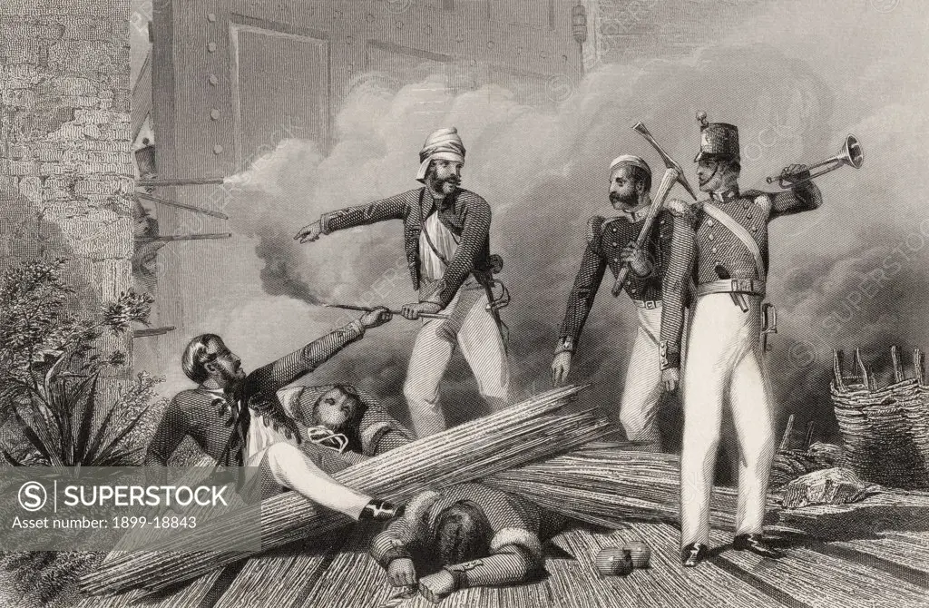 Blowing up of the Cashmere Gate at Delhi From The History of the Indian Mutiny published 1858