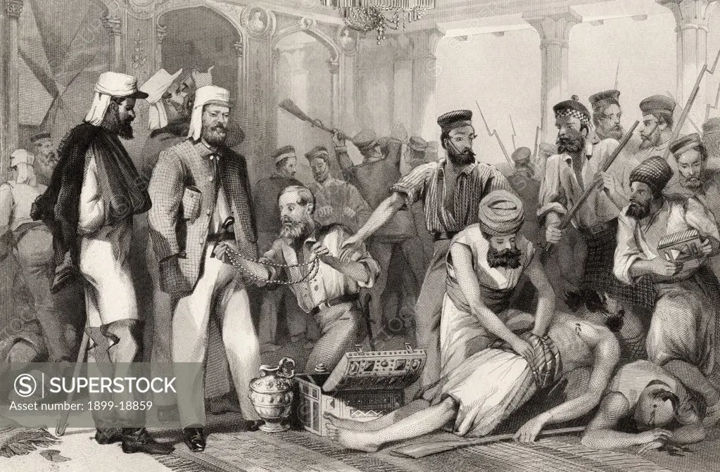 The Times Correspondent looking on at the sacking of the Kaiser Bach after the capture of Lucknow March 15 1858 From The History of the Indian Mutiny published 1858