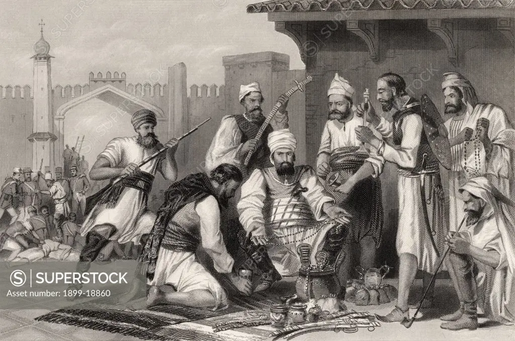 Sikh troops dividing the spoil taken from mutineers From The History of the Indian Mutiny published 1858