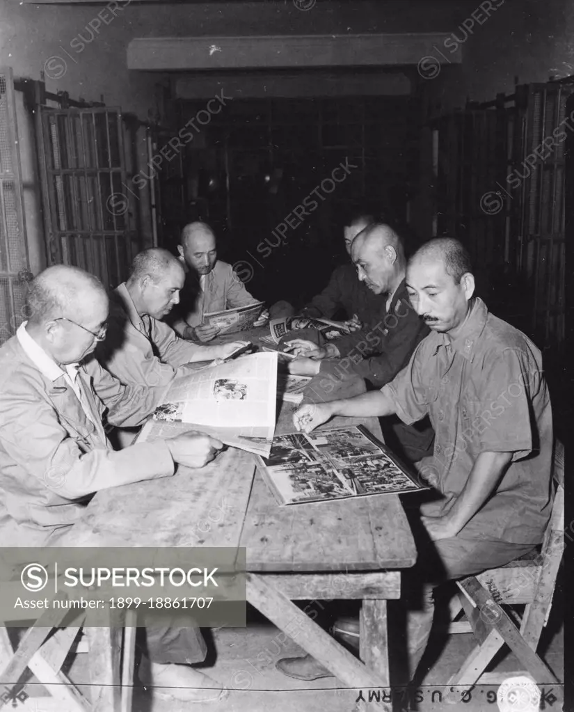 Six high-ranking Japanese generals and admirals who surrendered at Cebu, Phillippine Islands, pictured shortly after their incarceration in New Bilibid. They include: Lt General Shinpei Fukuei, Maj General Takeo Manjome, Rear-Admiral Kaku Harada, Maj General Tadasu Kataoka, Maj General Isamu Hirai and Maj General Masuo Yoshiki, New Bilibid, Phillippine Islands, 9/3/1945. (Photo by S/Sgt Potter/US War Department/GG Vintage Images)