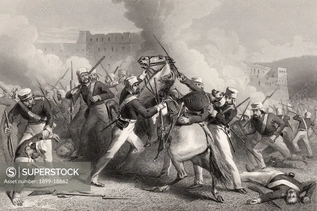 Death of Brigadier Adrian Hope in the attack on the Fort of Roodmow April 15th 1858 From The History of the Indian Mutiny published 1858