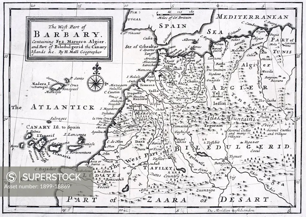 The West part of Barbary containing Fez Marocco Algier and part of Biledulgerid the Canary Islands etc. Map from circa 1720 by Hermann Moll
