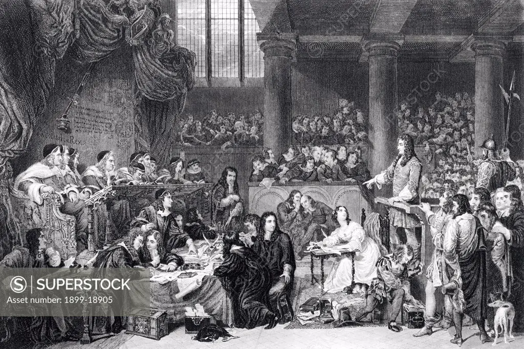 The Trial of Lord William Russell 1683 from 19th century print of painting by Sir George Hayter Engraved by C.G. Lewis William Russell Lord Russell 1639 to 1683 English politician executed after alleged involvement in Rye House Plot to assassinate Charles II
