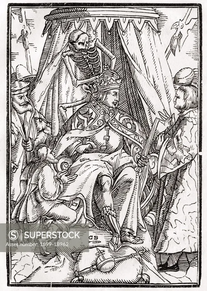 Death comes for the Emperor Woodcut by Georg Scharffenberg after Hans Holbein the Younger From Der Todten Tanz or The Dance of Death published Basel 1843