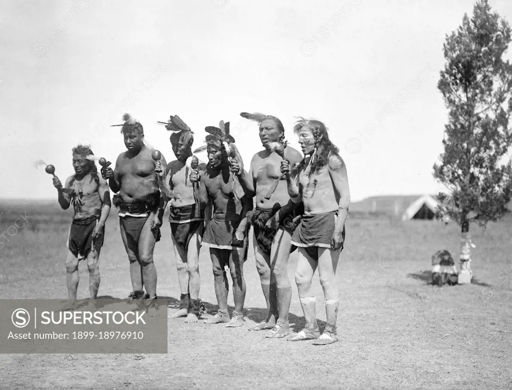 Photo shows six Arikara men standing in line in front of cedar tree, holding rattles and singing. 