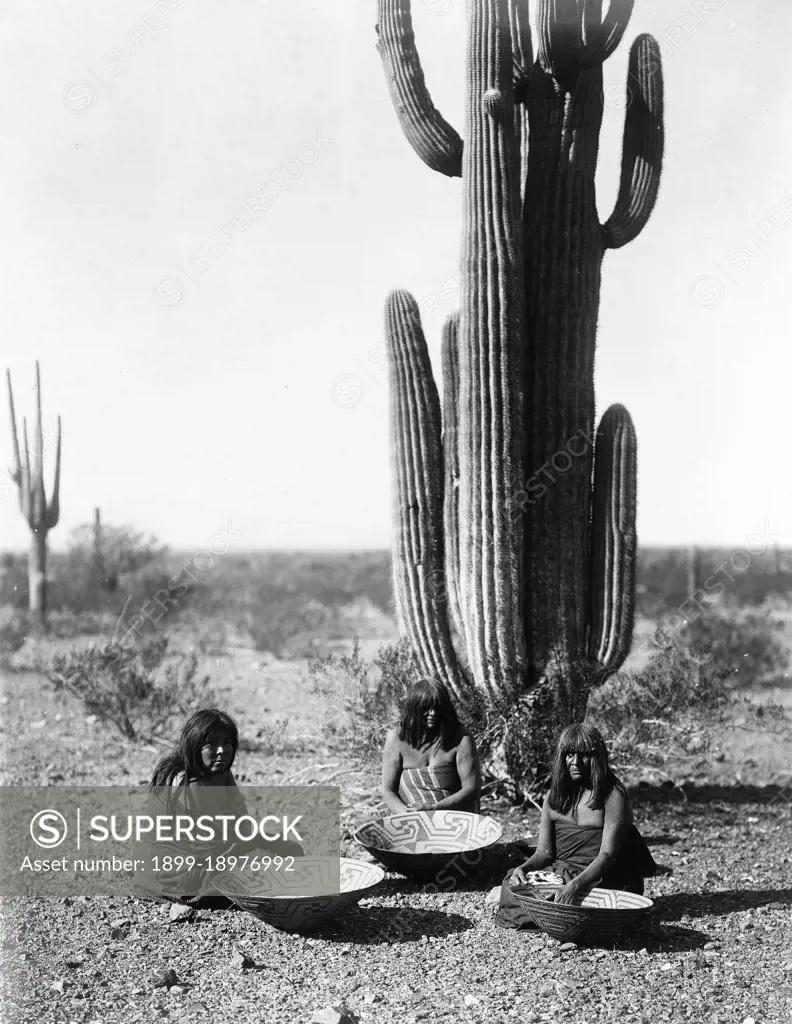 Edward S. Curtis Native American Indians - Three Maricopa Indians, seated in front of cactus, with baskets ca. 1907. 