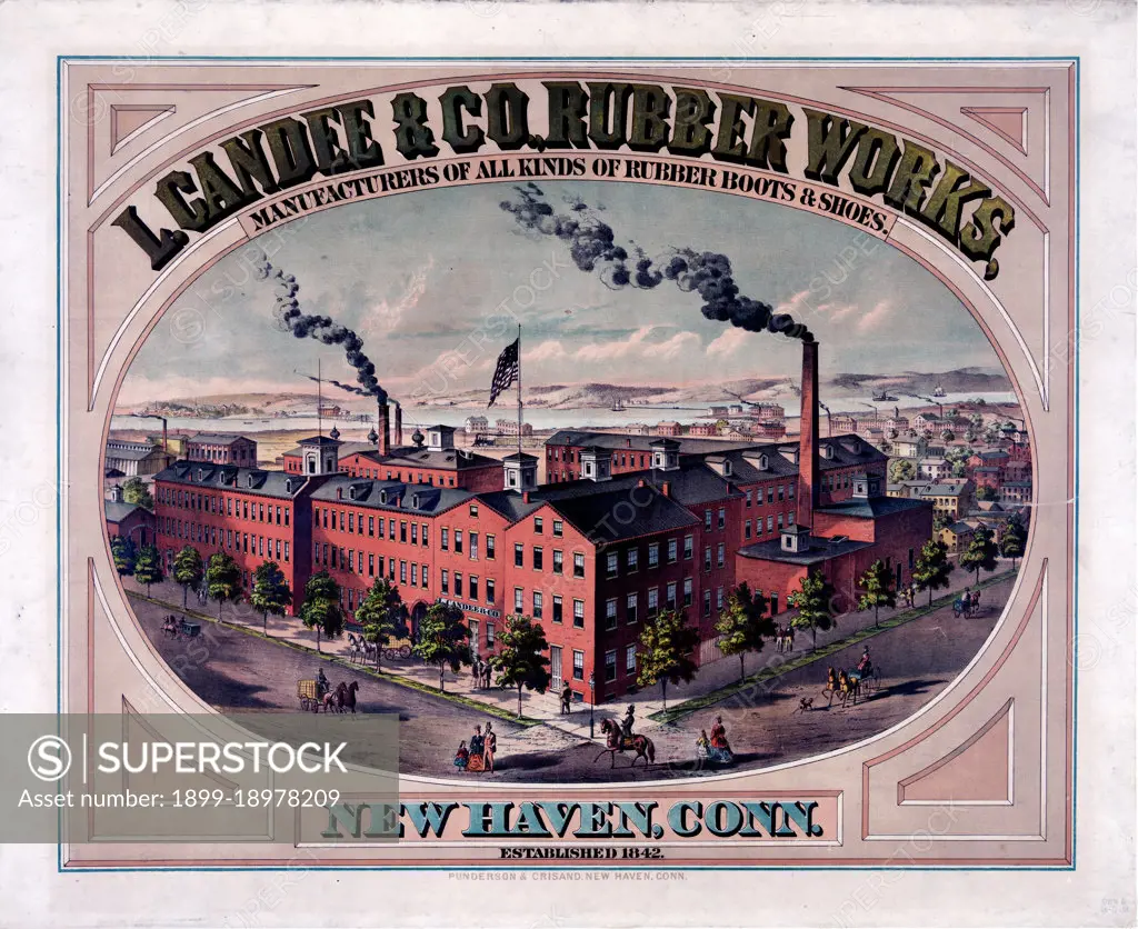 L. Candee & Co., Rubber Works, manufacturers of all kinds of rubber boots & shoes. New Haven, Conn. established 1842. 
