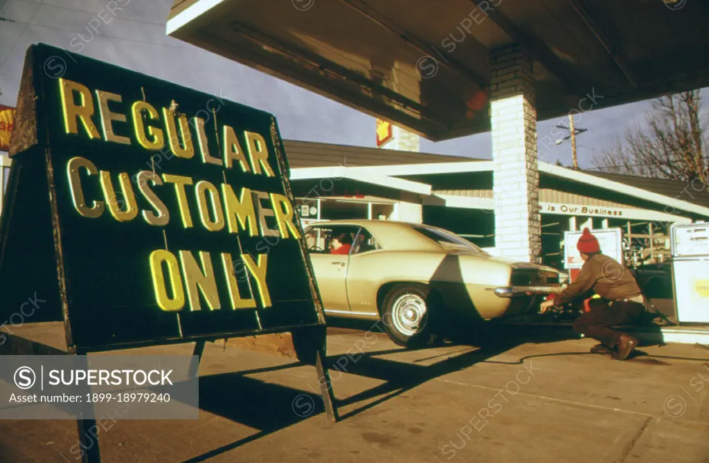 Prior to Oregon's Regulation of Gasoline Station Fuel Sales Some Dealers Attempted to Sell Only to Their Regular Customers This Driver in Portland Was a Normal Customer 01/1974. 