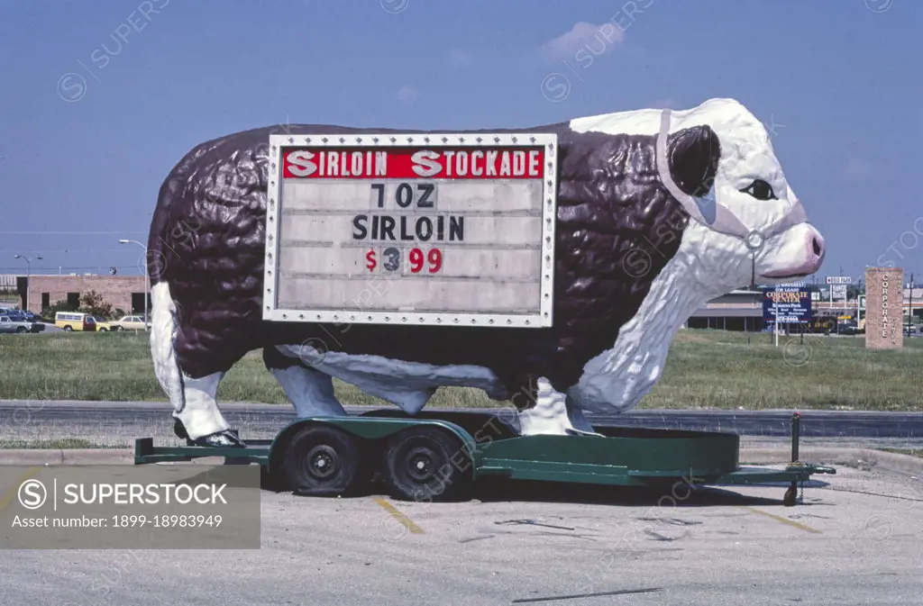 1980s America -  Sirloin Stockade bull, Austin, Texas 1983. 