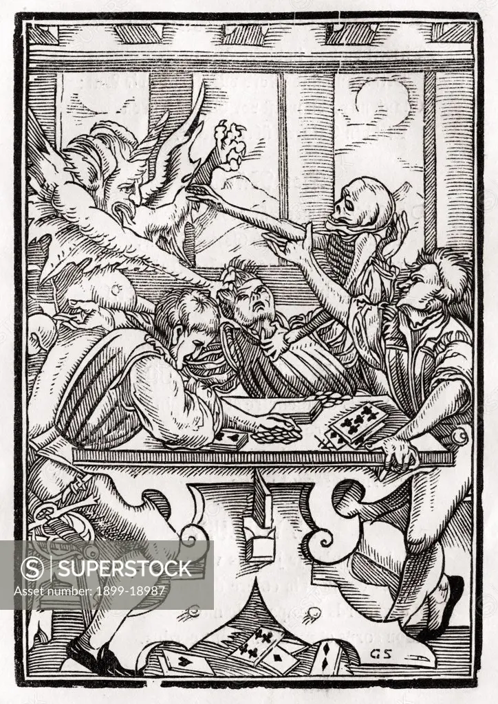 Death and the Devil come for the Card Player Woodcut by Georg Scharffenberg after Hans Holbein the Younger From Der Todten Tanz or The Dance of Death published Basel 1843