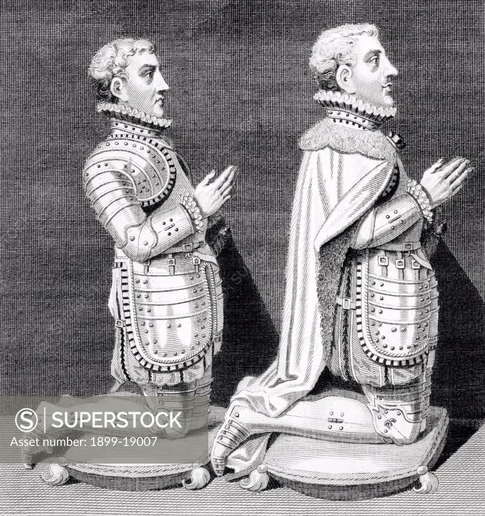 Henry Stuart Lord Darnley left 1545 to 1567 second husband of Mary Queen of Scots and Charles Stuart Earl of Lennox right 1555 to 1576 kneeling by their mothers tomb in Westminster Abbey from Iconographia Scotica or Portraits of Illustrious Persons of Scotland by John Pinkerton published London 1797