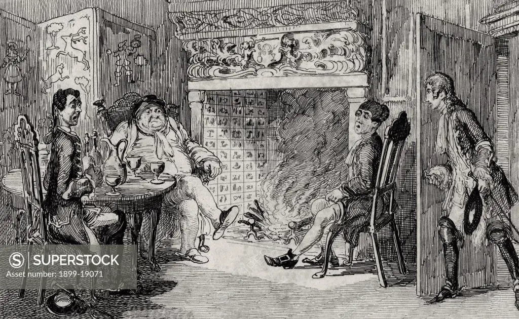 Francis Osbaldistone at Squire Inglewood's Engraving by George Cruikshank dated 1842 of a scene from Sir Walter Scott's novel Rob Roy