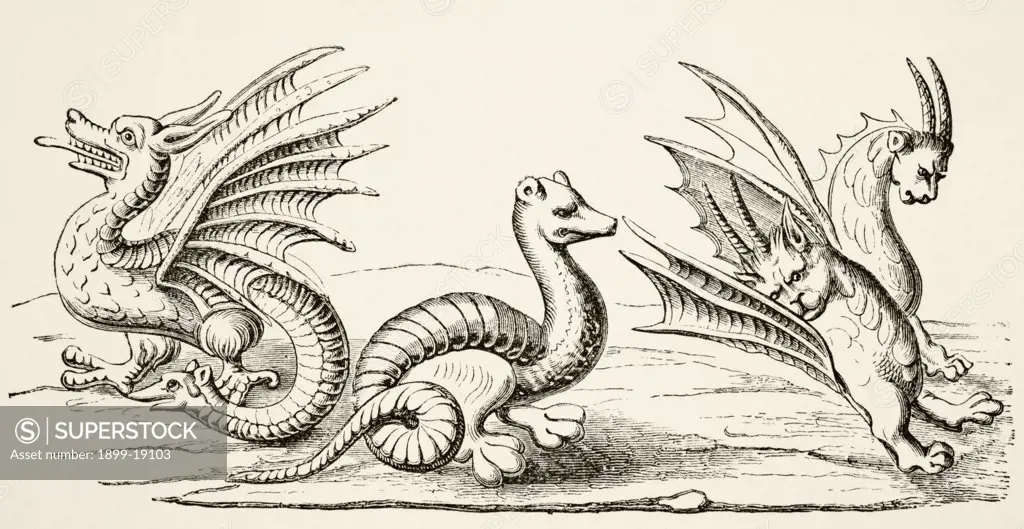 Dragons. After miniatures in 14th century Book of the Marvels of the World From Science and Literature in The Middle Ages by Paul Lacroix published London 1878