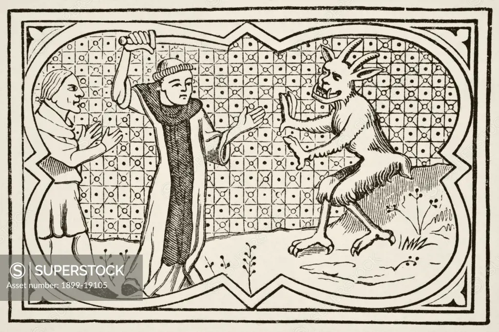 The devil attempts to seize a magician who had formed a pact with him but is prevented by a lay brother. After a miniature in the 13th century manuscript Chroniques de Saint-Denis. From Science and Literature in The Middle Ages by Paul Lacroix published London 1878