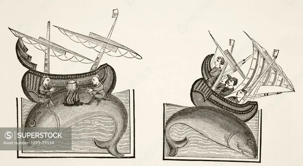Navigators who have mistaken a whale's back for an island, seat themselves on it to cook their food. The whale then dives and the vessel is nearly wrecked. After a miniature in a 10th century manuscript Bestiaire d'Amour by Richard Furnival. From Science and Literature in The Middle Ages by Paul Lacroix published London 1878