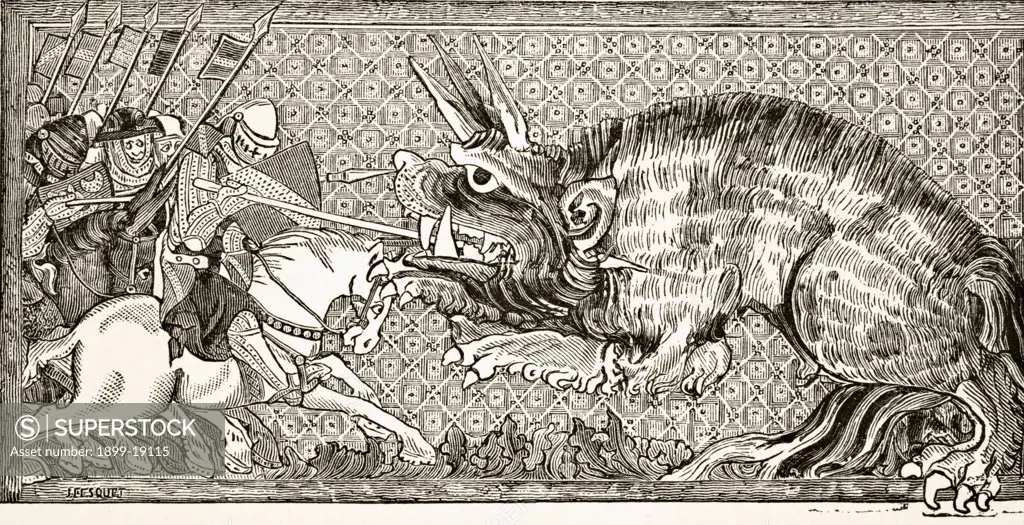 How Alexander did battle with the beast which is very formidable and has three horns. After a miniature in a 13th century manuscript. From Science and Literature in The Middle Ages by Paul Lacroix published London 1878