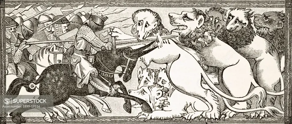 How Alexander did battle with white lions as big as bulls. After a miniature in a 13th century manuscript. From Science and Literature in The Middle Ages by Paul Lacroix published London 1878