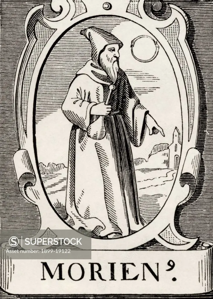 Byzantine monk Morien or Marianos or Morienus the Greek, author of book on Alchemy. After an engraving by Vriese. From Science and Literature in The Middle Ages by Paul Lacroix published London 1878