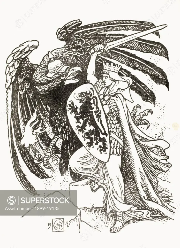 A warrior with a shield emblazoned with a lion from the Belgian coat of arms battles the German eagle. After and illustration by Walter Crane in King Albert´s Book, published 1915. A warrior with a shield emblazoned with a lion from the Belgian coast of arms battles the German eagle.