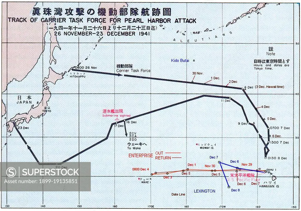 Japan/USA: Chart showing the 'Track of the Task Force for Pearl Harbor Attack', Reports of General MacArthur prepared by his General Staff, Washington: GPO, 1951